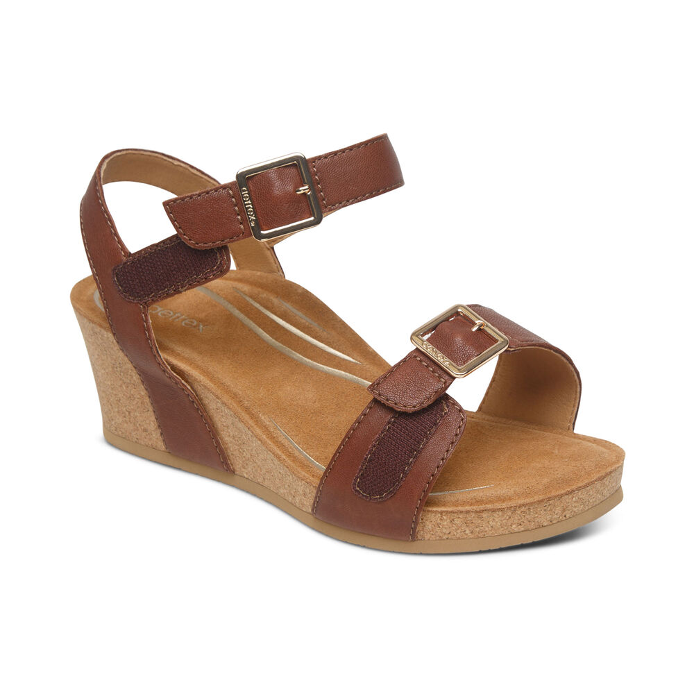 Aetrex Women's Lexa Quarter Strap Wedge Sandals - Walnut | USA RC978RC